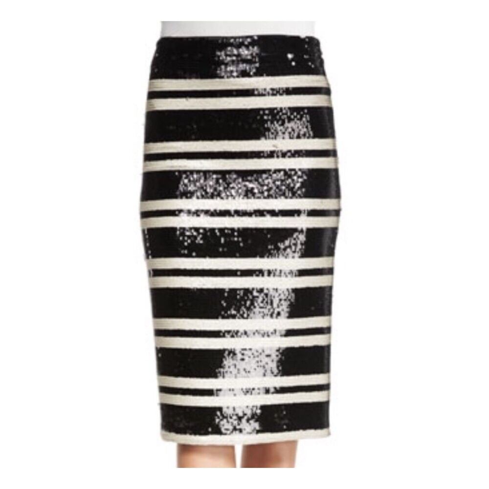 NWT Alice + Olivia Black and Cream Striped Sequin Pencil Skirt Size 12